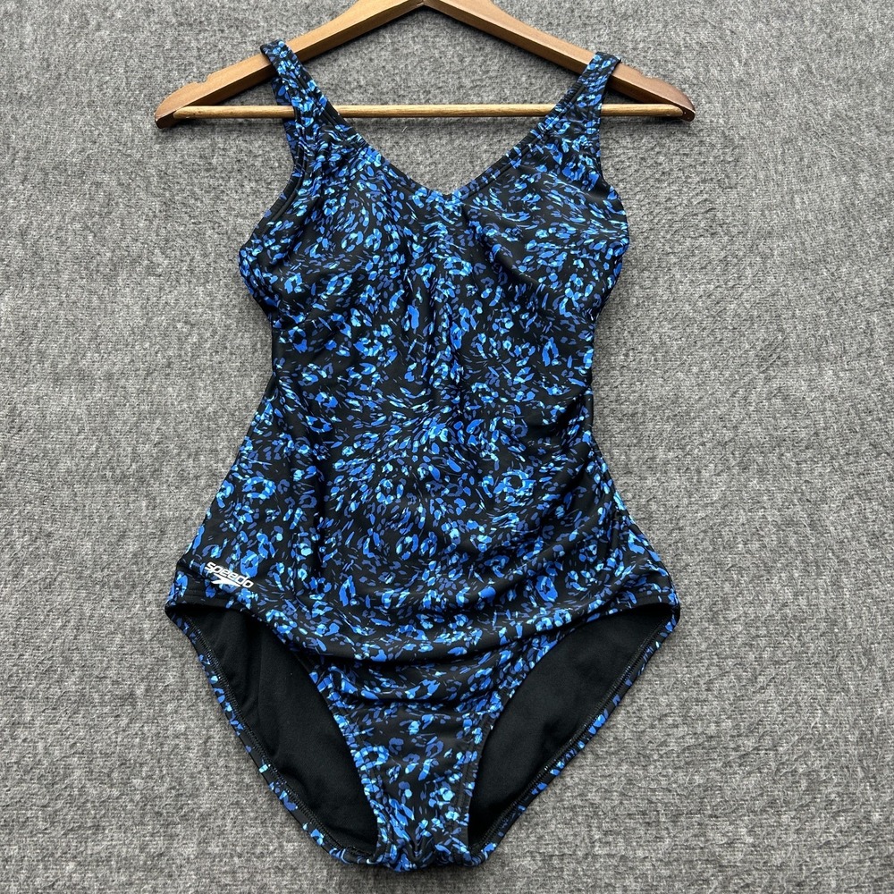 Speedo One Piece Swimsuit Ruched Blue Black Leopard Print Size 6 Swim